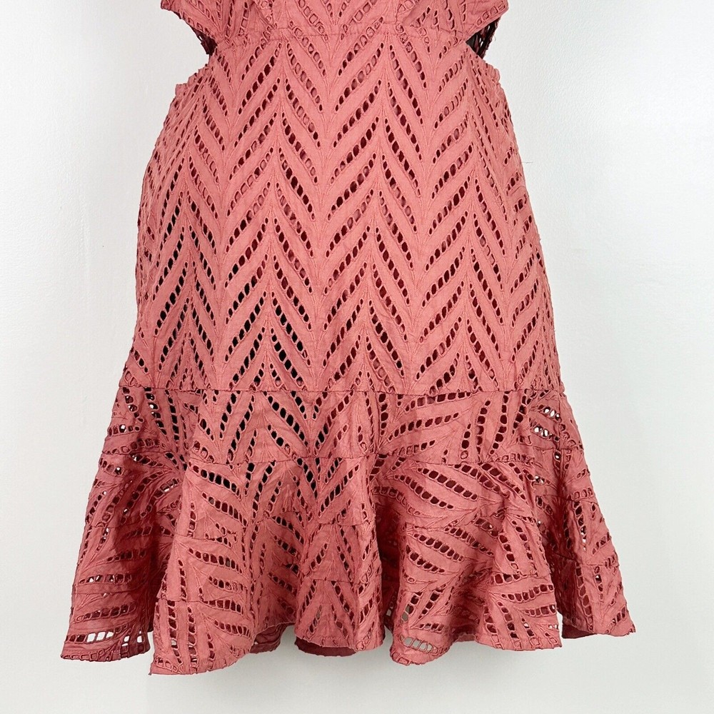 Revolve Bardot Aria Eyelet Cutout Short Dress Ruffle Moroccan Rose US S Uk10 - Picture 8 of 16